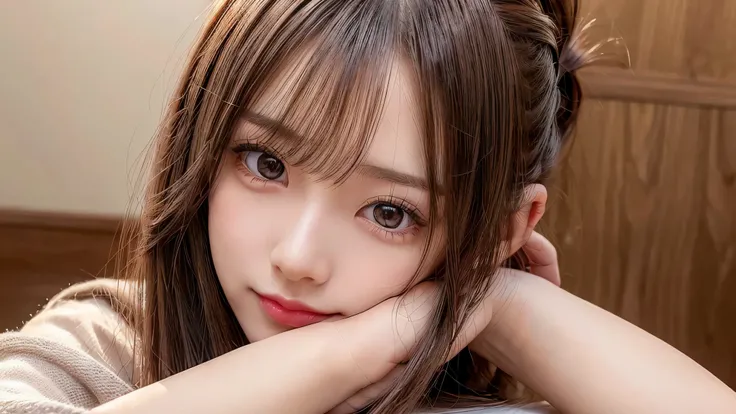 only one,One woman,Room at home, studying at a desk, sitting in a chair, reading a book,blush,small breasts,14 years old,long hair ponytail,((8K, Raw photo, best quality, muste piece:1.2), (Reality, photorealistic:1.4), (Highly detailed 8K wallpaper), Dept...