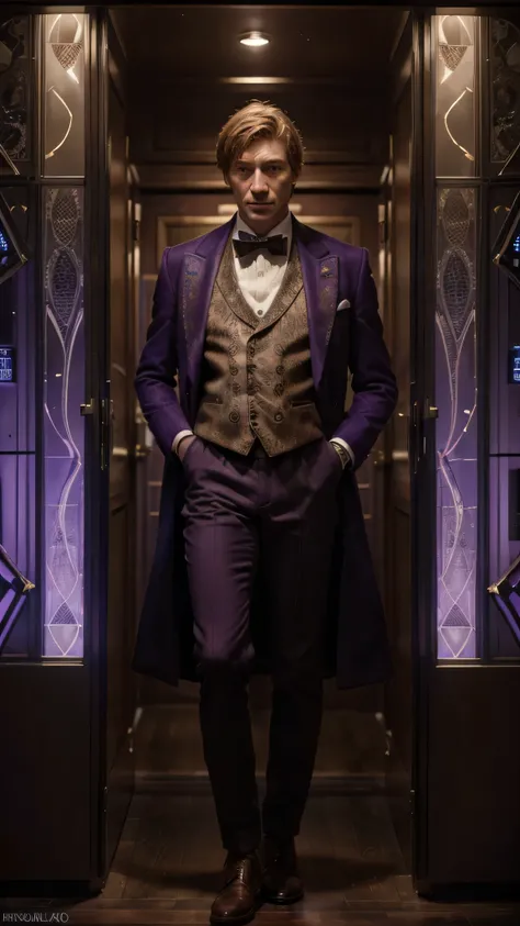 (best quality,highres,ultra-detailed,realistic:1.37),Domhnall Gleeson as The Doctor,purple overcoat,brown suit vest,bow tie,purple plaid pants,portraits,studio lighting,vivid colors,warm color tones,sharp focus,professional,physically-based rendering,beaut...