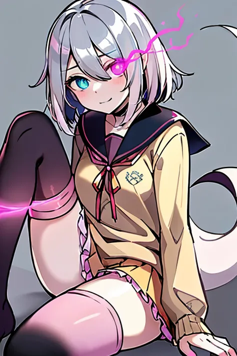 (silver long bangs hide the right eye:1.5), (hair over right eye:2), (covering right eye:2), (masterpiece, best quality, ultra detailed eyes, detailed), (pink flaming eye:1.7),BREAK,
1girl, solo, 18 yo, Sunny disposition, (hair over right eye:1.7), (silv...
