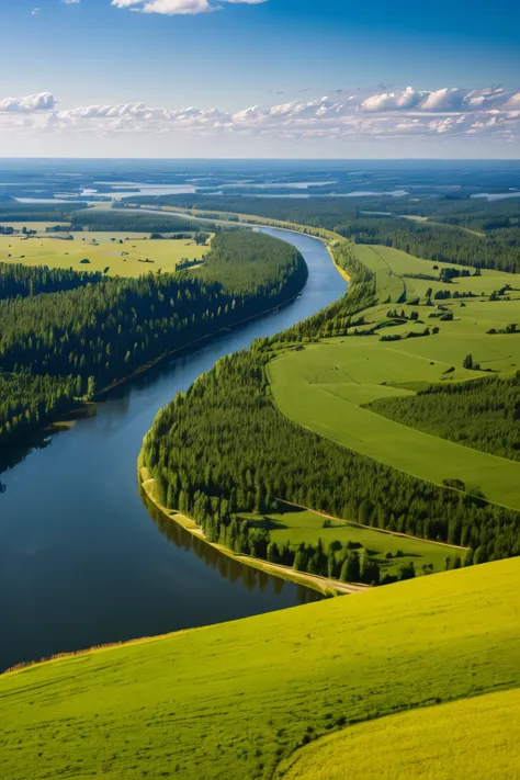 (Wheat), fields,ivan Shishkin,nature,trees,forest,water fall,sky,clouds,rock,lake,cloud,scenery,leafs,flowers,mountain at far,river,from above,countryside buildings at far,