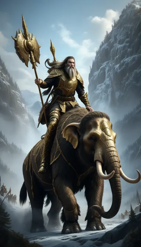 Wearing heavy gilded armor《Wild man riding a mammoth》，for the audience，mythical creatures，hermit，concept art，wide angle，Full composition，dynamic lighting，Movie，4K，lifelike，octane rendering，