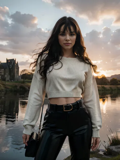 Foreground: a gorgeous Bettie page, wet wavy hair in the wind. shes a men magazine model, She has a subtle smile and flirts with the camera, (she wears casual shirt with a knitted sweater and latex pants with big belt:1.2), background landscape of Scotland...