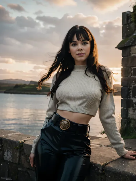 Foreground: a gorgeous Bettie page, wet wavy hair in the wind. shes a men magazine model, She has a subtle smile and flirts with the camera, (she wears casual shirt with a knitted sweater and latex pants with big belt:1.2), background landscape of Scotland...