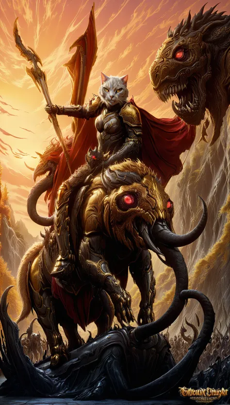 wearing heavy gilded armor《cat knight riding next to a mammoth》，for the audience，mythical creatures，scarlet twilight，concept art...