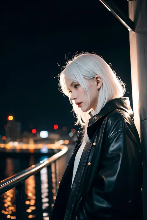 ,twin,white hair,,adult,rain,night city