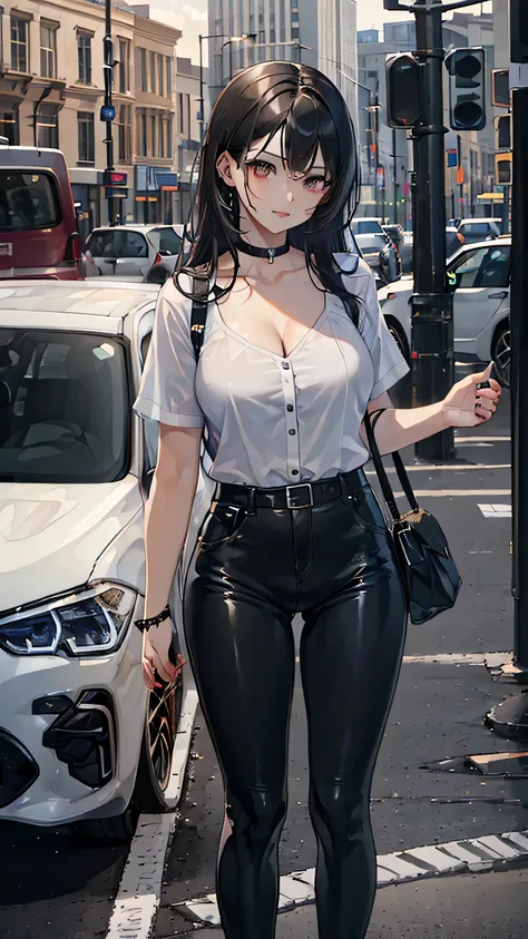 1girl, medium length black hair, red colored eyes, wearing colorful name brand shirt, cleavage, large breasted, black leggings, city, absurdres, high res, ultrasharp, 8K, masterpiece, looking at viewer, 1 car, BMW, posing on car, car in frame