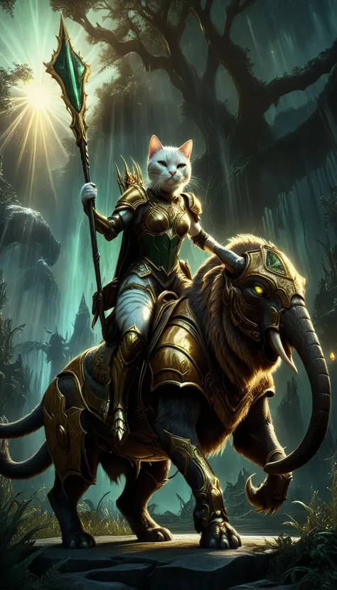 Wearing heavy gilded armor《Cat Knight riding next to a mammoth》，Eyes are deep gold or emerald green，Like a cat&#39;s eye at night，Twinkle with light，for the audience，mythical creatures，Scarlet Twilight，concept art，wide angle，Full composition，dynamic lighti...