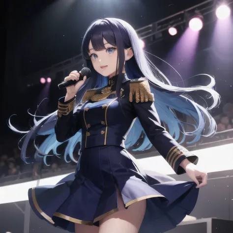 "Idol: 1.2, high quality, realistic, Cute moe face girl, Cute blue long straight hair purple eyes round face girl, long skirt, dark blue uniform, army, stage lighting"