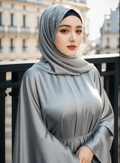 RAW photo of a 24 year old girl wearing hijab, satin abaya sexy light gray , satin, hijab face portrait,((paris  background)), 8k uhd, dslr, soft lighting, high quality, film grain, Fujifilm XT3, covered dress, patterned dress, gigantic breasts:1.5