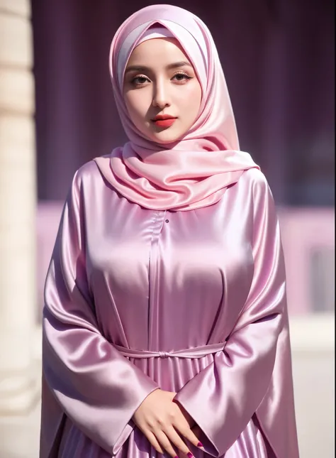 RAW photo of a 24 year old girl wearing hijab, satin abaya sexy violet light pink , satin, hijab face portrait,((paris  background)), 8k uhd, dslr, soft lighting, high quality, film grain, Fujifilm XT3, covered dress, patterned dress, gigantic breasts:1.5