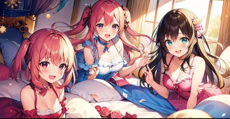 A delightful scene unfolds at a lively pajama party, as a group of ecstatic girls engage in a thrilling pillow fight on the cozy bed. Laughter fills the air as the girls, with their sparkling eyes and contagious smiles, tightly clutch their pillows, ready ...