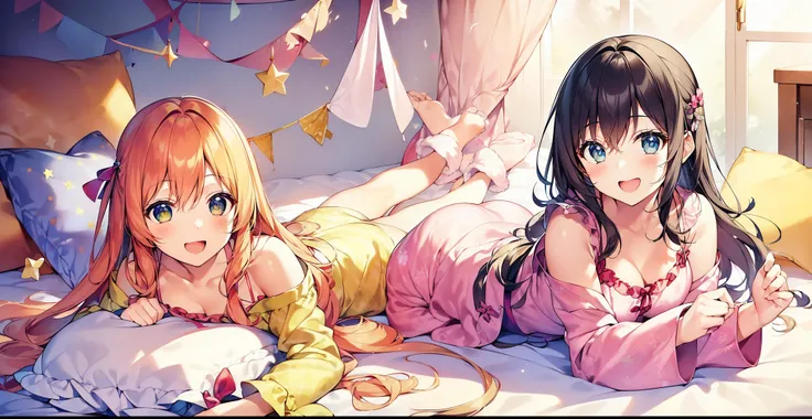 ((Happy and cheerful girls in their pajamas, ready for a cozy pajama party. The scene is set in a warm and inviting bedroom, with lots of soft pillows scattered on the bed. Girls are holding their pillows, eager to begin a playful pillow fight. Feathers fr...