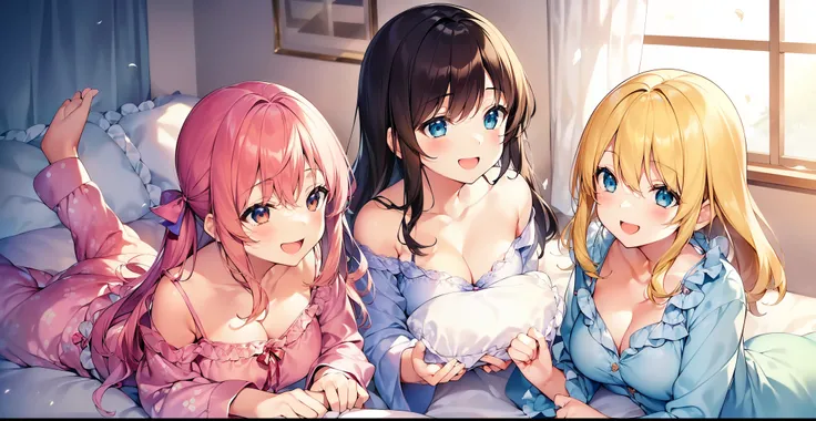 ((Happy and cheerful girls in their pajamas, ready for a cozy pajama party. The scene is set in a warm and inviting bedroom, with lots of soft pillows scattered on the bed. Girls are holding their pillows, eager to begin a playful pillow fight. Feathers fr...