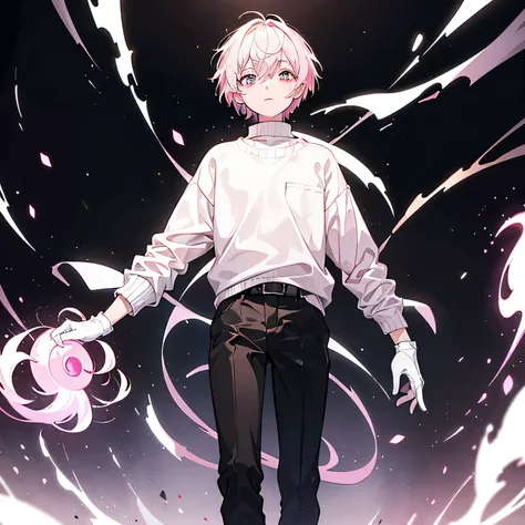 a 16 years old boy, with very light Pink messy short hair, dead Pinky eyes, wearing a almost white pink sweater, Black gloves, Brown trousers, and leather boots, with a lifeless expression, hes in a posture of fear, with various Dark cursed hands floating ...