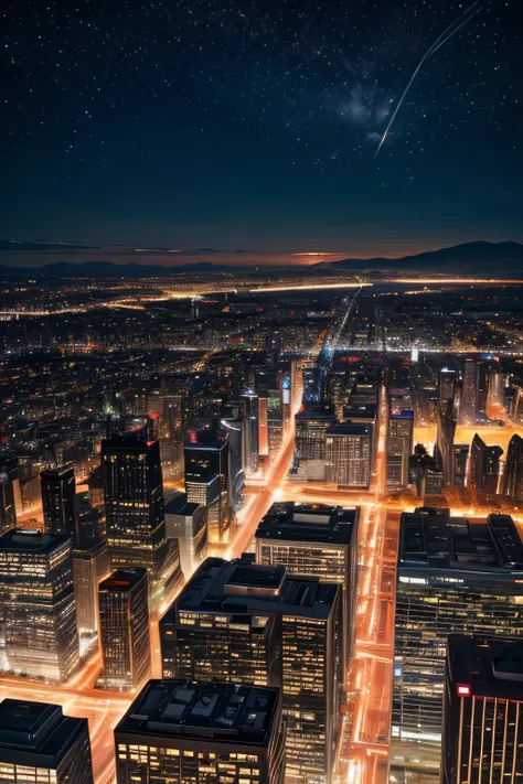 A panoramic view of a metropolis at night, where skyscrapers stand out against the starry sky. The streets are lit by vibrant neons, reflecting off busy sidewalks and passing cars. Pessoas caminham pelas ruas, desfrutando da atmosfera animada da cidade. Ao...