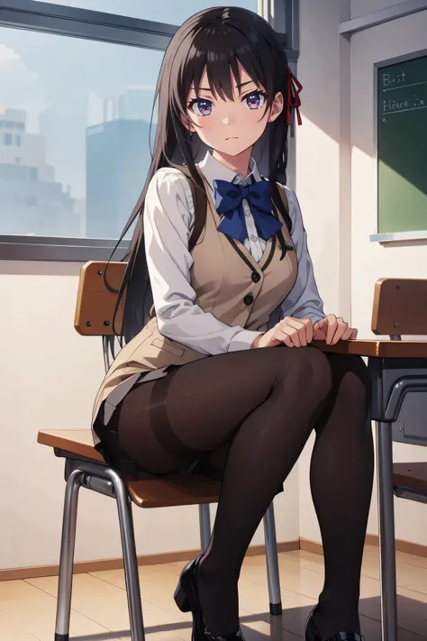 suzune horikita, long hair, black hair, (red eyes:1.3), hair ribbon, braid,smile,
BREAK bow,bowtie, blue bowtie,,beige vest,white skirt,((black pantyhose)),
BREAK indoors, classroom,full body,black photorealistic black pantyhose 
BREAK looking at viewer, b...