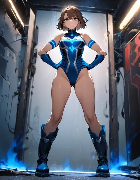 1girl, solo, solo focus, female superhero, medium breasts, leotard, red and blue leotard, bare legs, boots, matching boots, gloves, matching gloves, brown hair, blue-grey eyes, standing straight, hands on hips, full body, body infused with blue aura