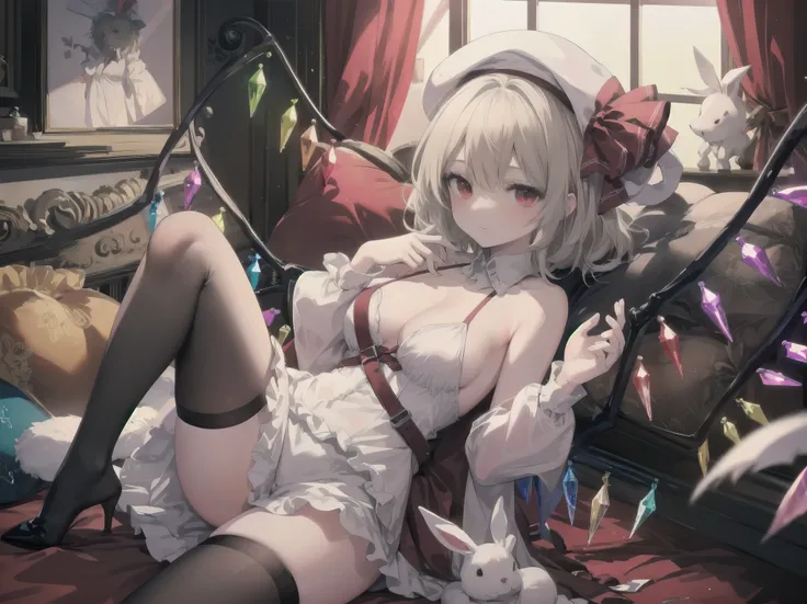 (masterpiece,best quality,ultra-detailed), Flandre Scarlet Touhou, white bunny suits, black stocking belt