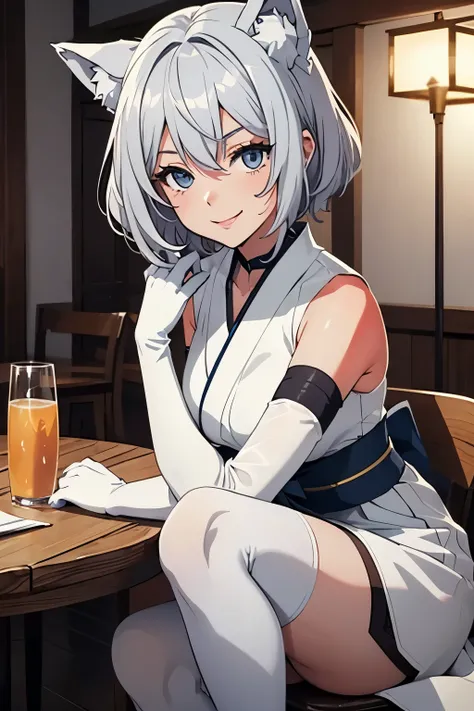 table top　 best image quality　Brilliant　high detail　One Young Woman（（adult））anime style　white kimono（sleeveless）　white long gloves（elbow gloves）　white stockings　wolf ears　short hair（（shortcut）（gray hair）（curly hair）（fluffy））　smile（happy）　eye color is blue