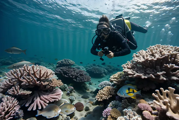 landscape photography，The underwater world，reef，coral，Colorful small fish，diver，There is light above the screen。Hasselblad X1D，Peter。Lindbergh，(masterpiece，top quality， best quality，official art，Aesthetics:1.2)