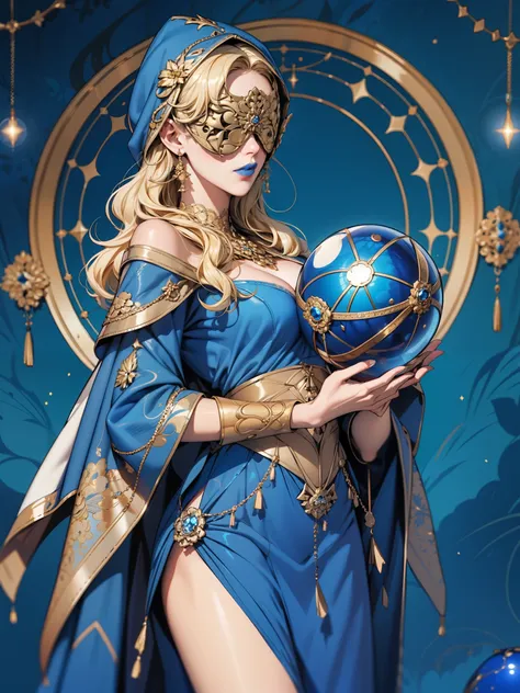 realistic:1.4, hood up:1.2, blonde hair, covered eyes, long hair, hair over shoulder, robe, blind mask, danceroutfit, light blue clothes, crystal ball, sphere, cape, blue lipstick, cleavage, 1girl, solo, (masterpiece:1.6, best quality),