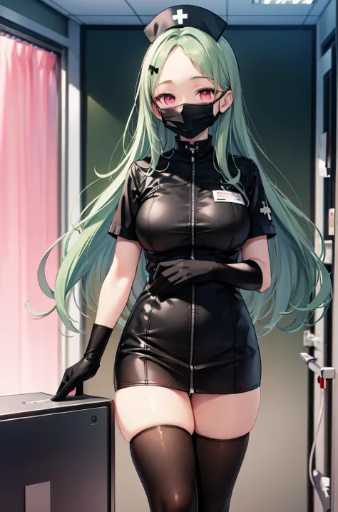 black nurse, 1woman, solo, black nurse cap, black nurse uniform, ((black legwear, zettai ryouiki)), black elbow gloves, forehead, long hair, green hair, pink eyes, ((black surgical mask, covered nose)), standing, ((surgery room)), sharp outline, short slee...