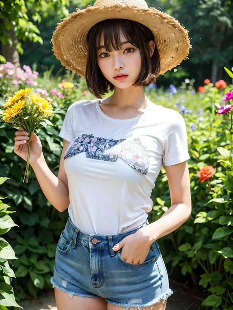 Best quality: 1.4, high resolution, perfect lighting, 1 girl, 20 years old, short cut, (bangs that cover the eyes), big breasts, patterned T-shirt, denim shorts, shirt tucked into pants, straw hat , flower garden, (holds flowers in hand and smells them),