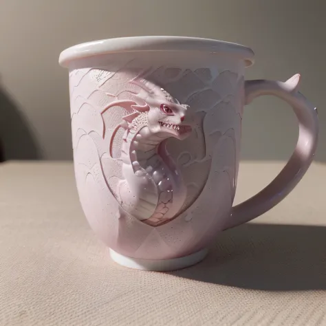 pink cup, white dragon pattern around the cup, dragon head in the middle, dragon detail, 4k