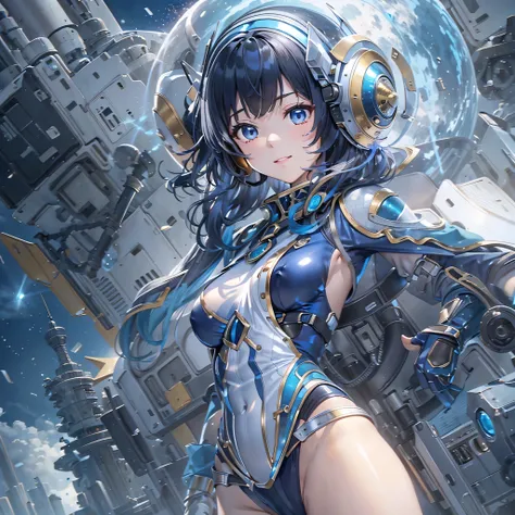 (masterpiece、highest quality、highest resolution、clear_image、detailed details、Angle from above): (full body figure、One 20 year old girl、Japanese faces、small face、Slender、Navy blue super short bob cut hair、(hidden small breasts:1.3)、sparkling blue eyes、Shiny...