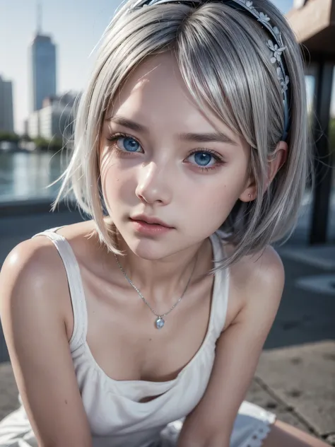 (masterpiece:1.3), (8K、photorealistic, Raw photo, best quality:1.4), (1 girl), (solo), (15 year old beautiful silver-haired Scandinavian girl), (Very beautiful and attractive woman, beautiful silver hair、intense blue eyes, strong eye highlights), (cute, li...