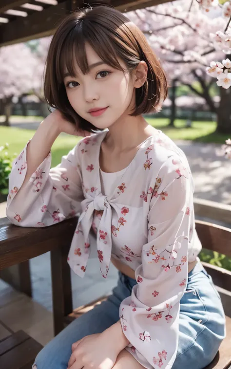 ((masterpiece、highest quality、highest quality))、(Very beautiful Japanese girl 21 years old)、(high nose)、(long bangs)、((smile))、((night) garden)))、((cherry blossoms並木)、((seat))、（nightcherry blossoms）、（night）、mid night、moon、look at the viewer、(slender body)、...