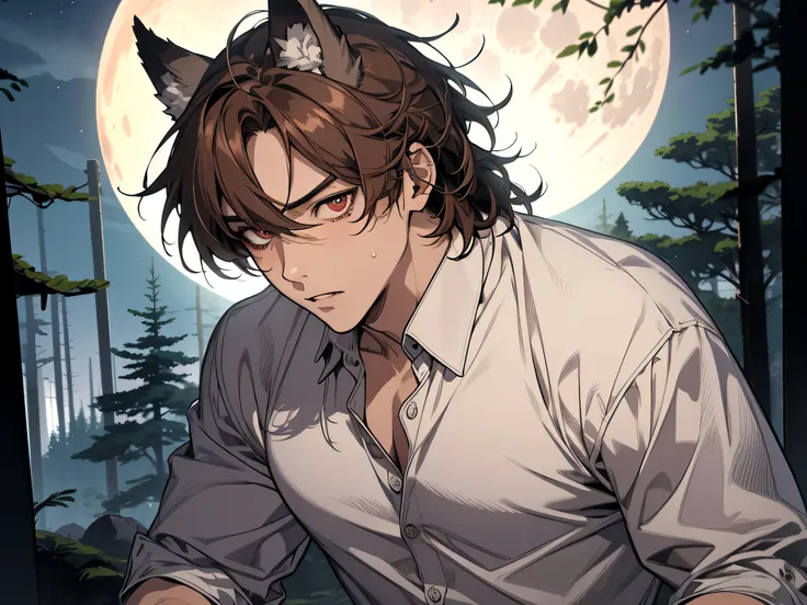 master piece, highest quality, facial details,Dynamic Single,(((alone)))),25 year old male, adalto,Large size,((macho)), wolf ears,warm skin, Sweat, sharp eyes,dead eyes, looking at the viewer, white shirt ,naked,brown hair, Short Hair,face focus,a,Backgro...