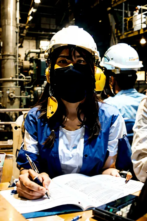 a group of engineers and workers at a power plant, discussing plans and designs, imagen en 4:3