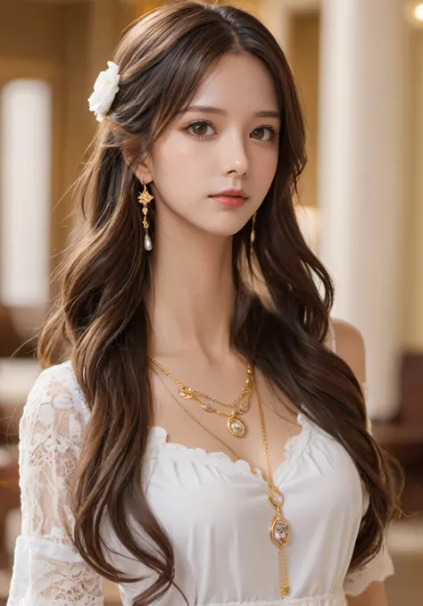 photograph, confused, High resolution, Super detailed, maid girl,:d,((Hair with loose waves on the inside:1.2)),((gold necklace＿Larger earrings:1.2)),((Super long brown hair:1.2))