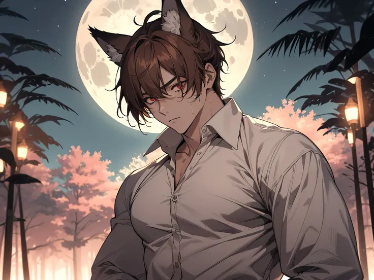 master piece, highest quality, facial details,Dynamic Single,(((alone)))),25 year old male, adalto,Large size,((macho)), wolf ears,warm skin, Sweat, sharp eyes,dead eyes, looking at the viewer, white shirt ,naked,brown hair, Short Hair,face focus,a,Backgro...