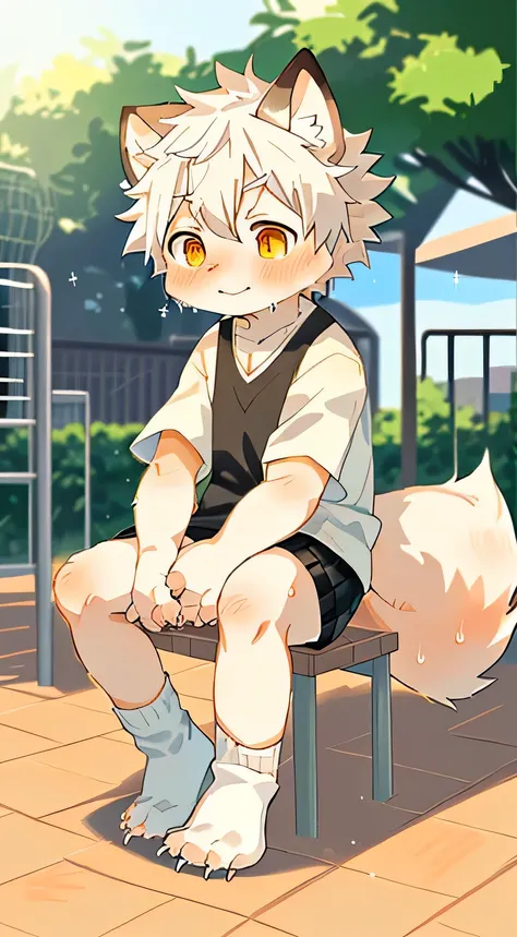 unique,Kanno,white fox,male,hairy,best quality,Shota,Humanity,claws,hairy tail,white socks,Golden Sun Rune,cute,sit down,Sparkling golden eyes,playground,Sweaty,Expression tired