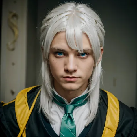 White haired male has a blue eye on left and yellow slit-cat eye on right. he was wearing a Slytherin Hogwarts student outfit 