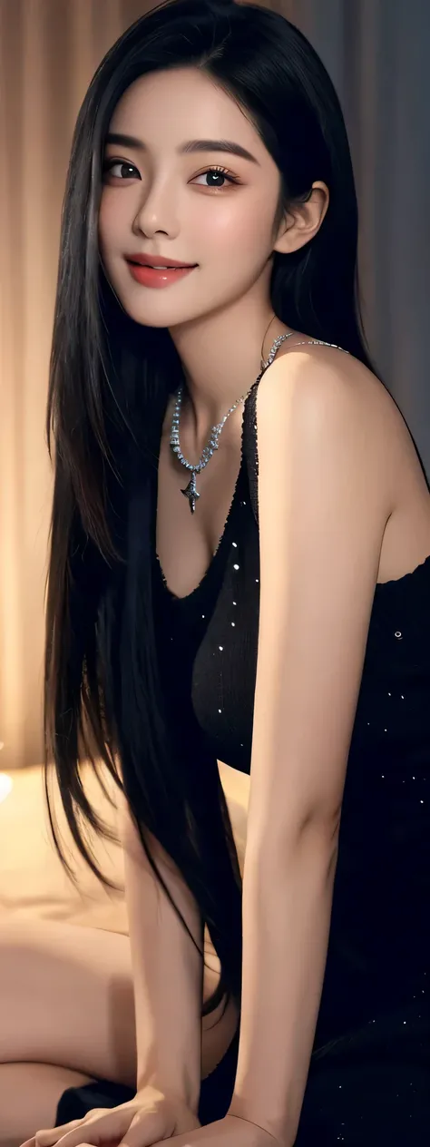 An unparalleled beauty with loose straight black hair, smooth hair, collarbone, exquisite necklace, rich and beautiful makeup, exquisite and perfect facial features, large jewel like eyes, blushing, smiling, long hair, straight hair, sweaters, shoulders ex...