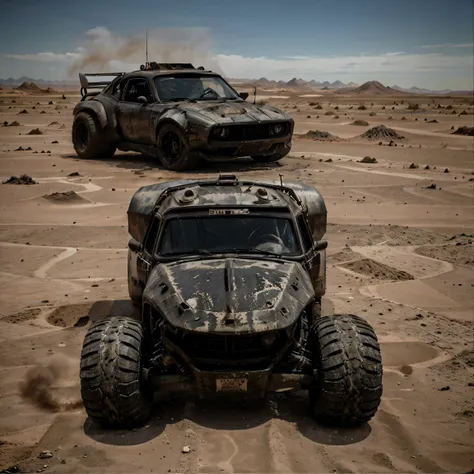 a unique post-apocalyptic sports car, armored with thick plates and Mad Max-style metal spikes, driving at high speeds in the desert of a post-apocalyptic world