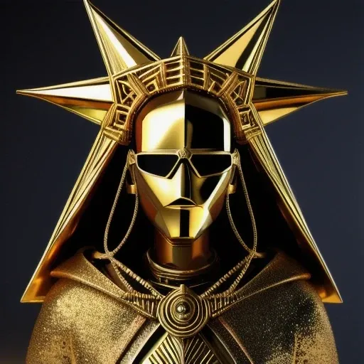 Brilliant Gold Wire Diamond Mayan Star, Coarse Linen Cloak Mummy Head Set Platinum Wire Cyberpunk Light Crossbow Space Station 1:60 Miniature Model, Illustration, Side View Angle, (Side View Angle), Wearing Gold Wire Frame Reflective Sunglasses, Carrying F...