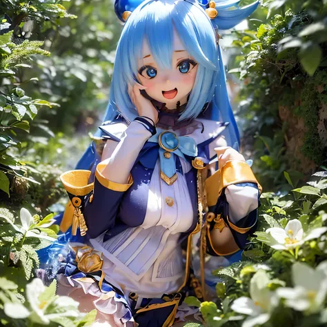 (a young girl with) blue hair, (wearing) a white and blue dress, (holding) a staff, (standing) in a lush, vibrant garden, (with) colorful flowers (blooming) around her, (under) a clear blue sky.
(portraits) of the girl, (photorealistic) rendering, (with) (...