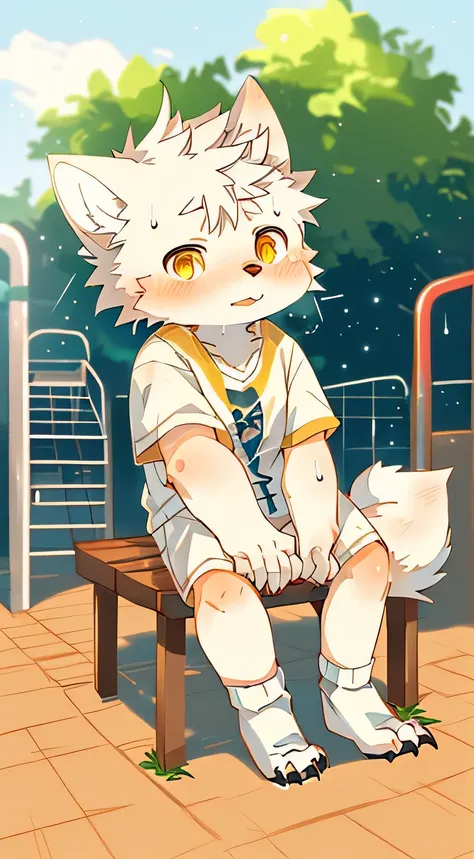 unique,Kanno,white fox,male,hairy,best quality,Shota,Humanity,claws,hairy tail,white socks,Golden Sun Rune,cute,sit down,Sparkling golden eyes,playground,Sweaty,Expression tired