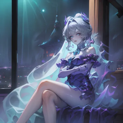 (masterpiece), best quality, cyan eyes, light gray hair, expressive eyes, Hohaya, Sitting in a high-rise apartment room, night sky, city View, looking at the audience, city lights, window, emphasize, dramatic lighting, calm face,