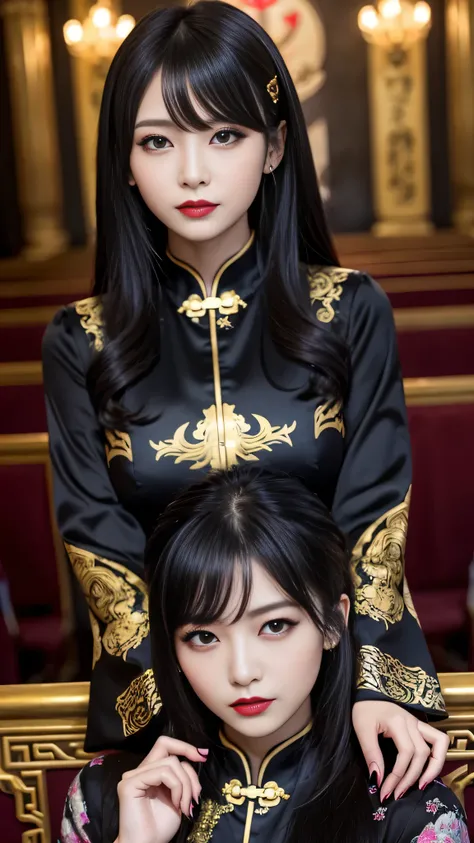 tra-detailed、Japanese、attractive beauty、seductive adult woman、pretty woman、piercing eyes、cool girl、wavy hair、swept bangs、Long Black and Gold Cheongsam、wide sleeves、Evil cadres、evil depravity、brainwash、mind control、lipstick、lip gloss、dark makeup、smirk、whisp...