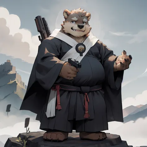 New Jersey 5 Hairy, Bear，Full body portrait of an individual,exquisite，round face， short，chubby，thick arms，plush fur，Mountain Top，Cloud，shrouded in mist，Monk，全套Xian Xia服装，Taoist robe，cloak，Cultivation，Xian Xia，Hold a gun in both hands，Shotgun，Evil smile