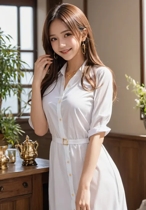 photograph、confusion、High resolution、Super fine、Maid Girl、:d、((Hair with loose inward waves:1.2))、((gold necklace_Larger Earrings:1.2))、((Super long brown hair:1.2))、((White shirt dress:1.4)、((shy smile:1.3))、((Long straight hair that reaches down to the w...