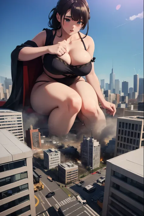 Giantess teen lesbian couple, above the city , city destruction, destroying city with breast, miniature city skycrappers background, giant lesbian Bigger than buildings,giant girls ,city Panorama