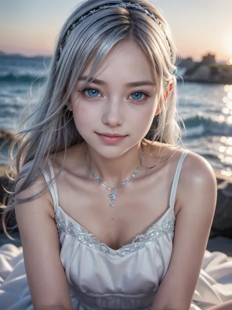 (masterpiece:1.3), (8K、photorealistic, Raw photo, best quality:1.4), (1 girl), (solo), (15 year old beautiful silver-haired Scandinavian girl), (Very beautiful and attractive woman, beautiful silver hair、intense blue eyes, strong eye highlights), (cute, li...