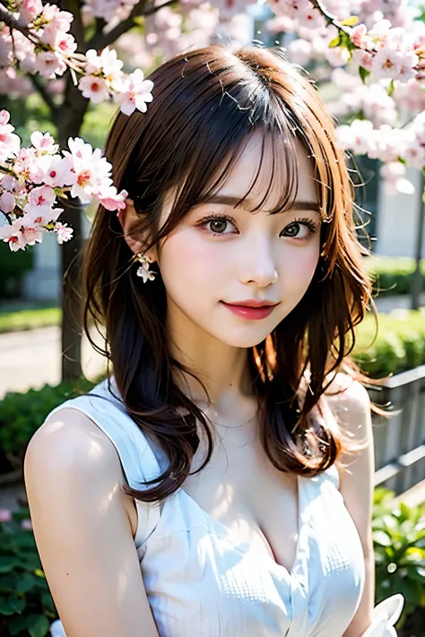 light pink hair, pink eyes, 30 years old、married woman、pink and white, cherry blossom leaves, bright colors, white dress, paint ...