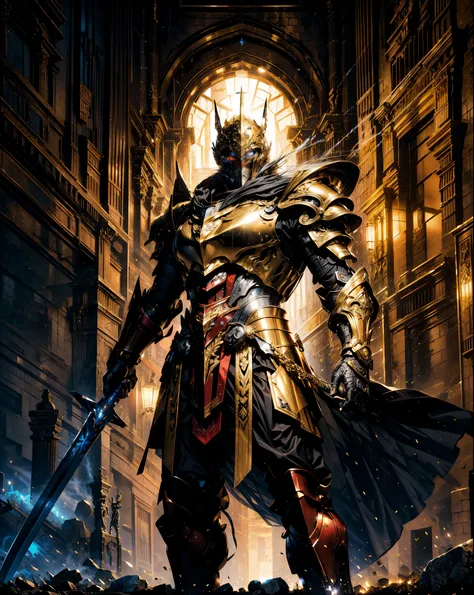 (best quality,ultra-detailed),Imperial Knight,golden plate armor with black and gold accents,divine armor,elaborate and detailed filigree metal design,sacred aura,imposing presence,full body shot, fitness body, epic battle-ready stance,stunning background ...